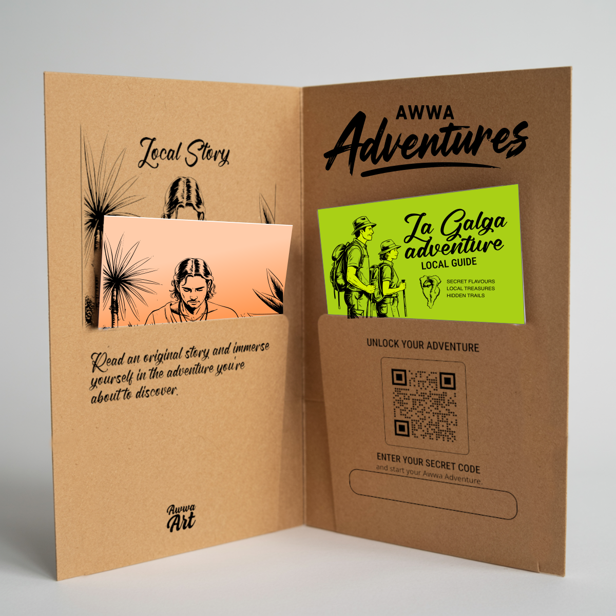 Interior del Adventure Book de Awwa: historia local, mapa y código de activación en una carpeta kraft